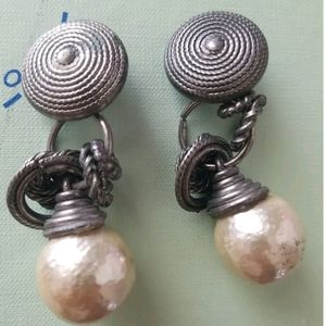 Vtg Norma Jean Silver Tone Faux Pearl Dangle Clip On Earrings Layered Rope Loops
